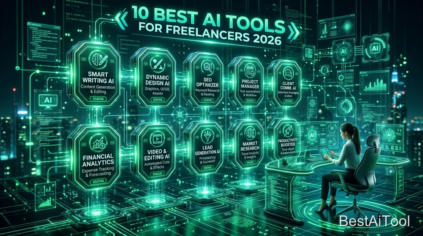 Illustration showing the best AI tools for freelancers in 2026, including ChatGPT, Midjourney, and Copilot