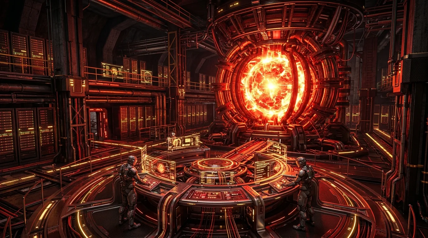 Futuristic energy facility representing the Enron Egg nuclear parody and AI power debate